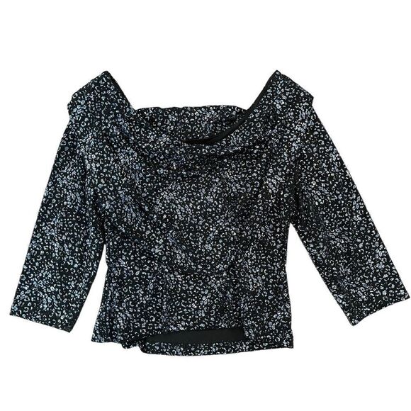 Scarlett Glitter Top Leopard Black Blue Silver Stretch Cowl Scoop Neck Women's L - Picture 1 of 9